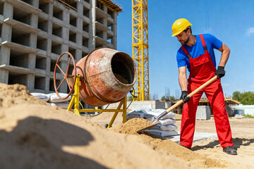 Construction worker in red overalls and yellow hard hat manually loads sand with a shovel into a rusty cement mixer at a high-rise building construction site on a sunny day