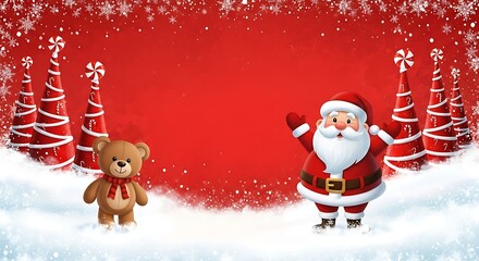 Festive christmas scene with santa claus and a teddy bear standing in a snowy landscape surrounded by decorated trees and falling snowflakes on a vibrant red background with copy space for text