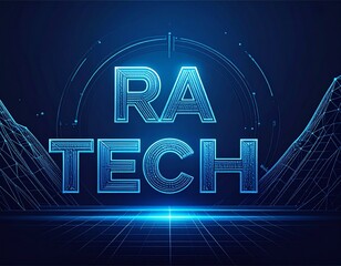 RA TECH Modern Futuristic Logo with Neon Blue Wireframe Typography
