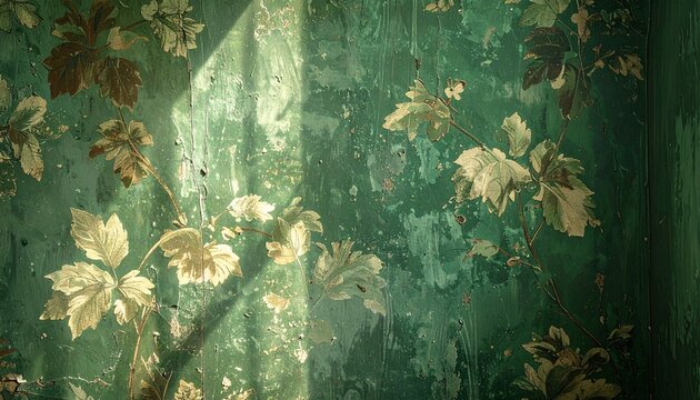 Fototapeta Wallpaper, vintage, texture, pattern, surface, wall, green, old, worn, antique, rustic, faded, peeling, decorative, interior, background, retro, aged, distressed, design, shabby, color, classic, ornam