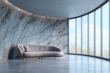 Modern curved room with stone wall, sofa and large windows.