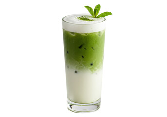 Isolated Matcha Latte in Glass Cup with Milk, Foam, and Mint Sprig Garnish on Top