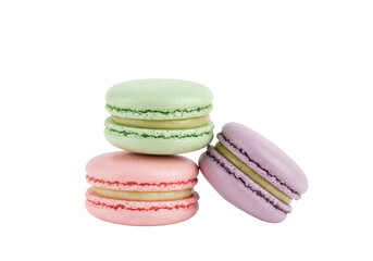 Isolated macarons tower, tasty dessert treats stack with filling, confectionery bakery