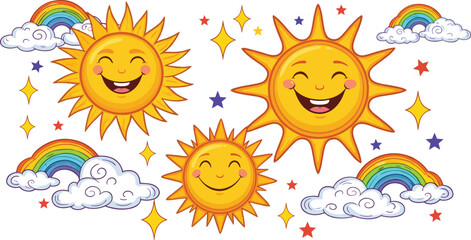 Smiling sun cartoon, colorful rainbow and clouds, cheerful sky illustration, playful weather scene, happy stars and sunshine, whimsical vector art