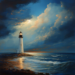 Lighthouse by the Ocean, Ocean Lighthouse at Sunset, Coastal Lighthouse Shine, Lighthouse Beacon on the Coast. Guiding Light in Ocean, Sunset at Lighthouse Beach, Calm Ocean and Lighthouse, Lighthouse