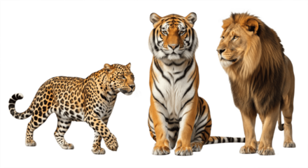 Set of Three Big Cats – Leopard, Tiger, and Lion Isolated on White Background – Powerful Wild Predators from African and Asian Wildlife Showcasing Strength, Elegance, and Majestic Feline Beauty