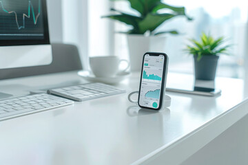 A modern workspace with a smartphone that displays financial charts, a keyboard and a cup of coffee. The concept of remote work, productivity, digital business and data analytics.