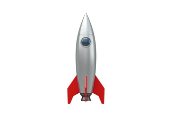 Isolated silver metallic rocket ship, retro style with red fins, aerospace concept, mockup © Paul