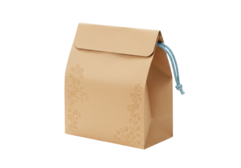 Isolated Kraft paper favor bag with blue string, present box for gifts and treats, beige color