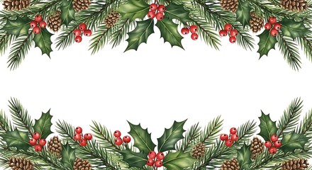 Festive watercolor garland border with evergreen branches pine cones and holly berries creating a beautiful christmas and holiday season frame for text or design elements