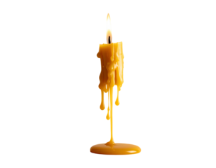 A burning candle, yellow wax melting and dripping, isolated against a black background