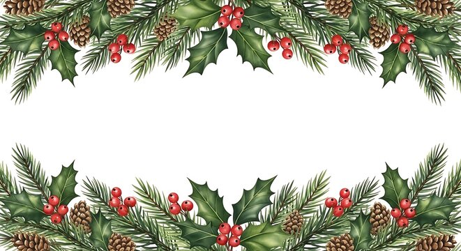 Festive watercolor garland border with evergreen branches pine cones and holly berries creating a beautiful christmas and holiday season frame for text or design elements
