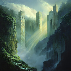 Misty Ruins in the Mountains, Ancient Ruins in the Mist, Lost Towers in the Mountains, Forgotten Ruins of the Past, Majestic Ruins in the Mist, Cloud-covered Ancient Structures, Mountain Ruins in the 
