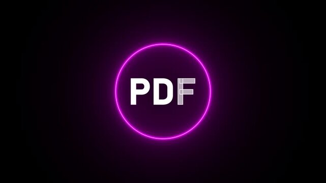 PDF abbreviation inside a glowing blue neon circle on a dark background portable document format file format