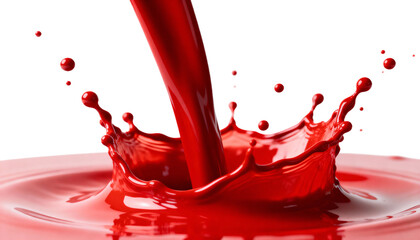Dynamic red liquid pouring and splashing with droplets, transparent background png