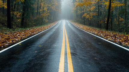 Fototapeta premium Winding road through foggy forest, surrounded by autumn leaves, creates serene atmosphere