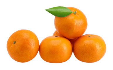 Pile of orange fruits with leaves (mandarin oranges) isolated, transparent PNG, PNG format