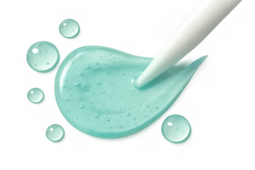 Cosmetic product dropper applying transparent blue gel swatch on invisible background, beauty serum spreading