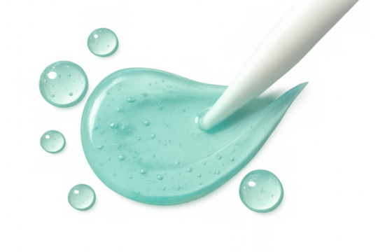 Cosmetic product dropper applying transparent blue gel swatch on invisible background, beauty serum spreading