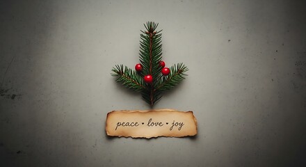 A small evergreen tree adorned with red berries sits above a rustic parchment scroll with a handwritten holiday greeting evoking a cozy and traditional christmas spirit