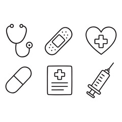 Medical Icons Set Stethoscope Bandage Heart Syringe Pill and Medical Record.
