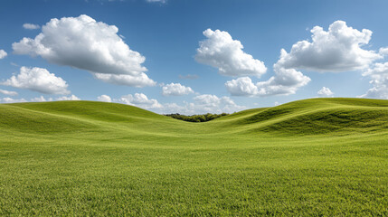 Obraz premium Lush green hills under bright blue sky with fluffy clouds create serene landscape