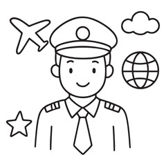 Cartoon Pilot Character with Airplane and Globe Icons.