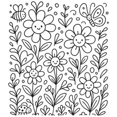 Cute floral illustration with smiling flowers and insects in the garden.