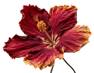 Close-up of a vibrant, withering bloom featuring textured, maroon petals