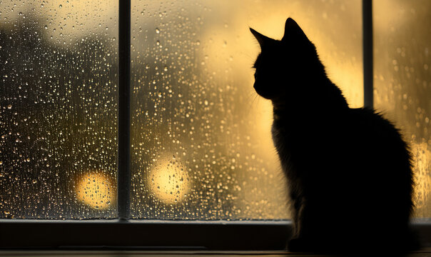 Black cat gazing through rain-covered window evoking serene and contemplative mood. generative aI