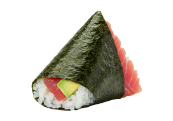 Isolated hand roll temaki sushi with tuna, avocado, and rice; a Japanese restaurant meal option