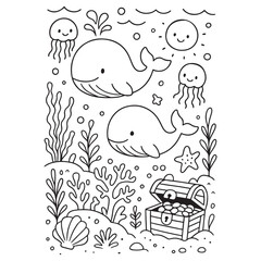 Two adorable whales swimming peacefully in the ocean.