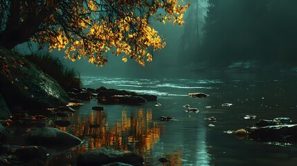 Autumn foliage overhanging a river with rocks and reflections in a dark and moody setting