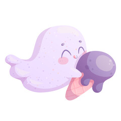 Cute smiling ghost with ice cream on a white background. Halloween. Isolated vector illustration for the design of postcards, postcards for printing, textiles, stickers