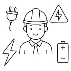 Smiling male electrician in hard hat with electrical symbols doodle.