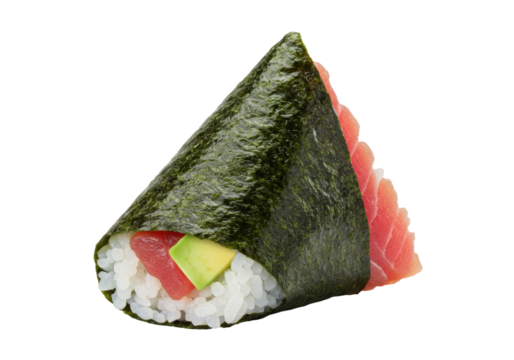Isolated hand roll temaki sushi with tuna, avocado, and rice; a Japanese restaurant meal option