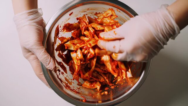 Hands in glove mixing kimchi fermentation cooking spicy cabbage in bowl, homemade recipe, vibrant red texture, garlic ginger scallion kitchen vibe