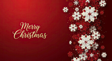 Fototapeta premium Merry christmas text with red background and snowflakes on the right side border
