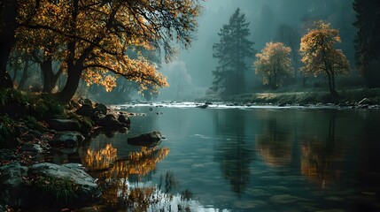 A serene river flowing through a misty forest with trees in autumn colors and rocks on the bank