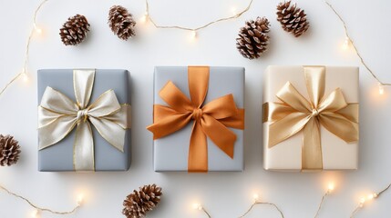 Festive gift presentation with metallic ribbons and trendy colors amidst pine cones and twinkling lights
