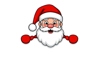 A jovial santa claus with a long white beard, red hat, and gloves, playfully peeking over a blank white banner with copy space against a transparent background. Christmas advertising concept
