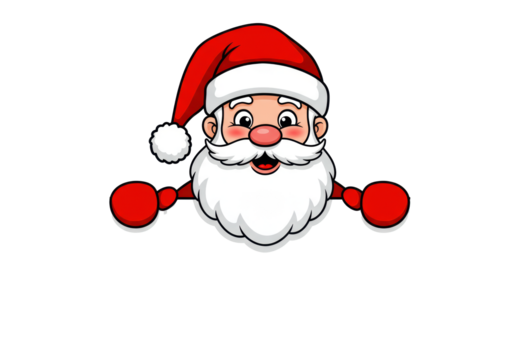 A jovial santa claus with a long white beard, red hat, and gloves, playfully peeking over a blank white banner with copy space against a transparent background. Christmas advertising concept