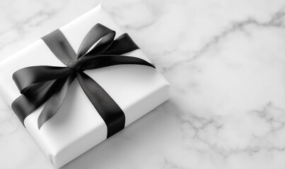 Elegant White Gift Box Wrapped with a Black Ribbon on a Marble Surface Conveying Sophistication and Special Occasion. generative ai