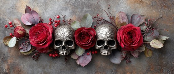 Gothic christmas wreath featuring skulls and roses for unique holiday decoration and alternative seasonal design