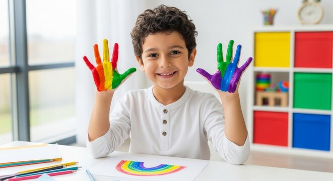 Smiling hispanic child with painted hands in art classroom