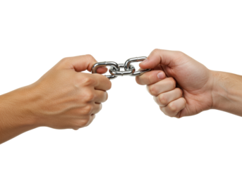 Isolated two hands holding metal chain, pulling with force, tug of war, strong grip