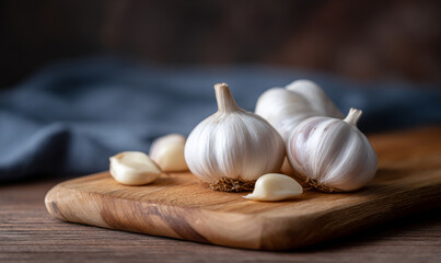 Fresh Whole Garlic Bulbs and Peeled Garlic Cloves Arranged on a Wooden Cutting Board Highlighting Natural Texture and Culinary Freshness. generative ai