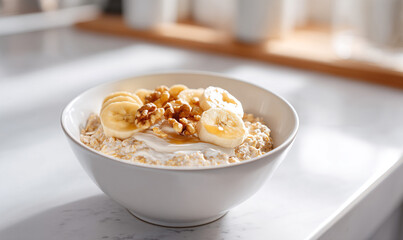 Healthy Breakfast Bowl of Creamy Oatmeal Topped with Banana Slices, Walnuts, Yogurt, and Honey on a White Plate. generative ai
