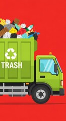 Green recycling truck filled with assorted trash on red background