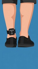 Ankle monitor on young caucasian male in black shoes against blue background